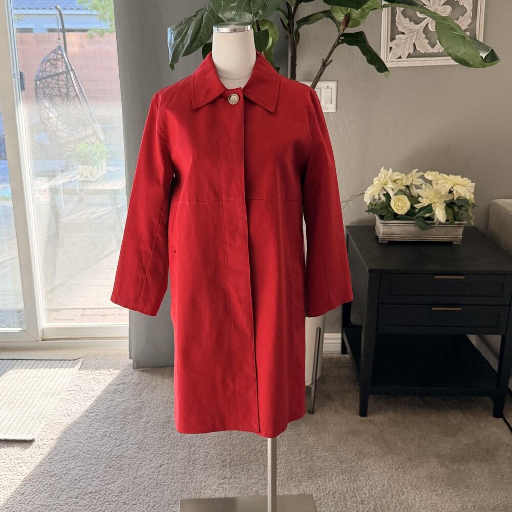 Coach Trench Jacket Womens Large Red Lined Snap Front Water Resistant Mid Length